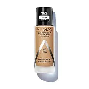 Almay Skin Perfecting Comfort Matte Foundation, Hypoallergenic, Cruelty Free, -Fragrance-Free, Dermatologist Tested Liquid Makeup, Warm Cashew, 1 Fluid Ounce