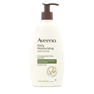 Aveeno Daily Moisturizing Body Lotion with Soothing Prebiotic Oat, Gentle Lotion Nourishes Dry Skin With Moisture, Paraben-, Dye- & Fragrance-Free, Non-Greasy & Non-Comedogenic, 18 fl. oz