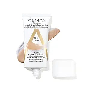 Anti-Aging Foundation by Almay, Smart Shade Face Makeup with Hyaluronic Acid, Niacinamide, Vitamin C & E, Hypoallergenic-Fragrance Free, 100 Light, 1 Fl Oz (Pack of 1)
