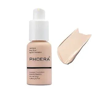 PHOERA Foundation,Flawless Soft Matte Oil Control Liquid Foundation Full Coverage Face Makeup. (101# Porcelain)