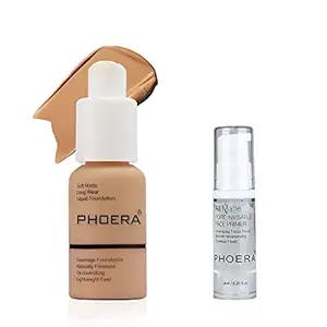 Phoera Soft Matte Full Coverage Foundation and Concealer, Poreless, Waterproof, Blendable Long Lasting 24HR Foundation 30ml with 6ml Makeup Lasting Facial Moisturizing Face Primer (105 Sand)