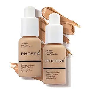 PHOERA Foundation Makeup Naturally Liquid Foundation Full Coverage Mattle Oil-Control Concealer 8 Colors Optional,Great Choice For Gift (2pcs,#104 Buff Beige)
