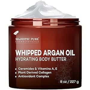 MAJESTIC PURE Whipped Argan Oil Body Butter for Women & Men - With Ceramides, Vitamin E & A & Vegan Collagen - Whipped Body Butter Argan Oil For Skin, Face, & Appearance of Wrinkles & Fine Lines - 8oz