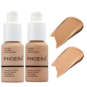 2Pack PHOERA Foundation Full Coverage Liquid Foundation Cream - Long-lasting Lightweight Concealer - Oil-Free Formula - Natural Shade - Suitable for All Skin Types (104 Buff Beige & 105 Sand)