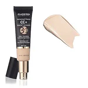 PHOERA Anti-Aging Color Correcting Full Coverage Cream Foundation SPF 25+ Revitalizing & Younger infused Concealer with Vitamins For dark circles, acne scars, wrinkles & redness. (100 Porcelain)