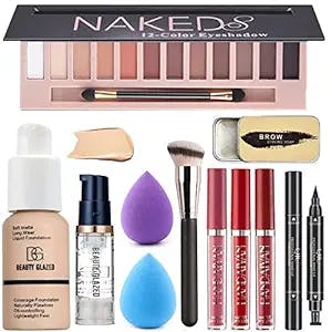 All in One Makeup Kit For Girls 12 Colors Nude Matte Eyeshadow Palette, Nude Foundation Face Primer, Makeup Brush, Makeup Sponge, Eyebrow Soap Kit, Lipstick Set, Winged Eyeliner Stamp Makeup Set (SetA)