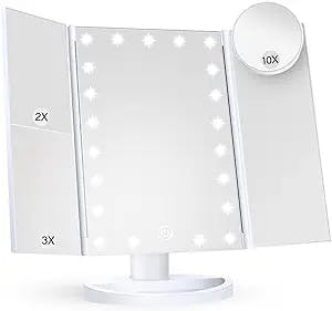 Makeup Mirror Vanity Mirror with Lights, 2X 3X 10X Magnification, Lighted Makeup Mirror, Touch Control, Trifold Makeup Mirror, Dual Power Supply, Portable LED Makeup Mirror, Women Gift (White+10X)