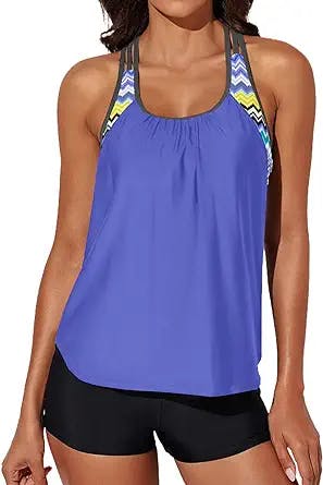 Aleumdr Womens Blouson Striped Printed Push up Strappy T-Back Tankini Top with Shorts