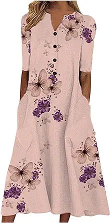 UODSVP Women's Petite Maxi Dresses Print Short Sleeve Midi Dress Casual V Neck Button Pockets Long Beach Dresses