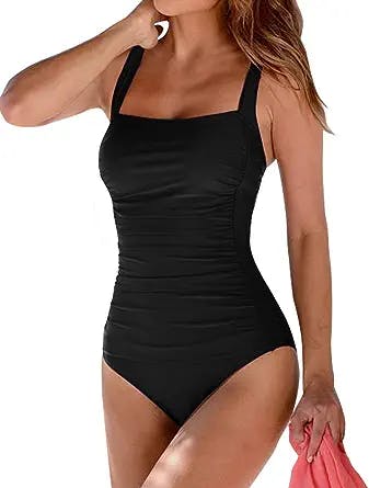Upopby Women's Vintage Padded Push up One Piece Swimsuits Tummy Control Bathing Suits Plus Size Swimwear