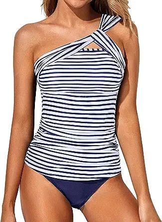 Tempt Me Two Piece Tankini Bathing Suits for Women One Shoulder Swim Top with Shorts Swimsuits