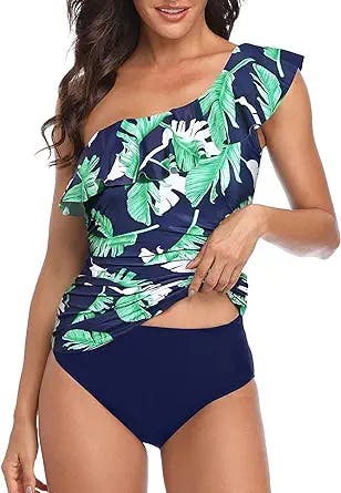 Yonique Women's Two Piece Swimsuits One Shoulder Tankini Tummy Control Bathing Suits Ruffle Swimwear