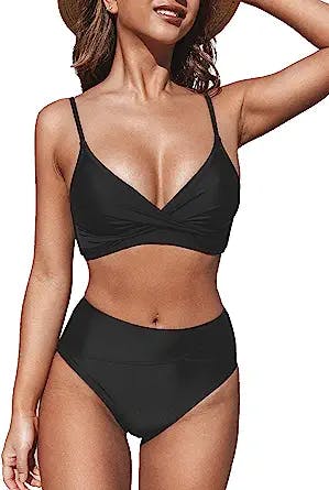 CUPSHE Women's Bikini Sets Two Piece Swimsuit High Waisted V Neck Twist Front Adjustable Spaghetti Straps Bathing Suit