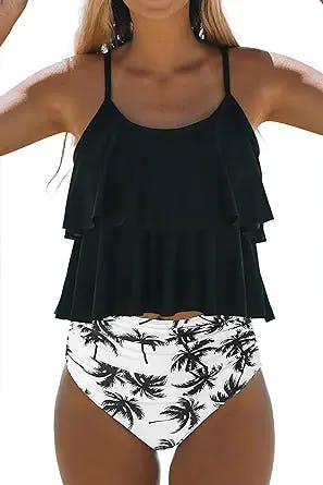 Beachsissi Tankini Bathing Suit Stripe Print High Waisted Tummy Control 2 Piece Swimsuit