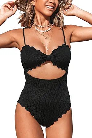 CUPSHE Women's One Piece Swimsuit Sexy Black Cutout Scallop Trim Bathing Suit