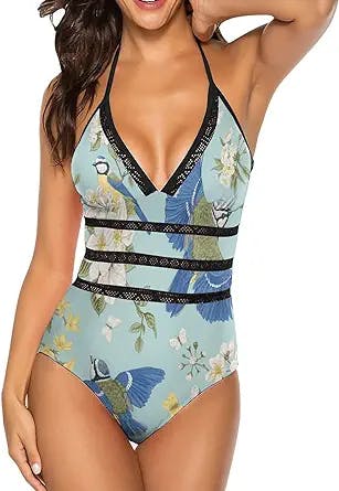 Women's Swimsuit Blue Bird Bathing Suit Bikini One Piece Swimwear
