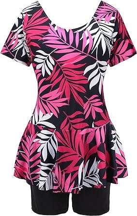 Knaspor One Piece Swim Dress Modest Swimsuit for Women Floral Leaf Print Short Sleeve Swimwear